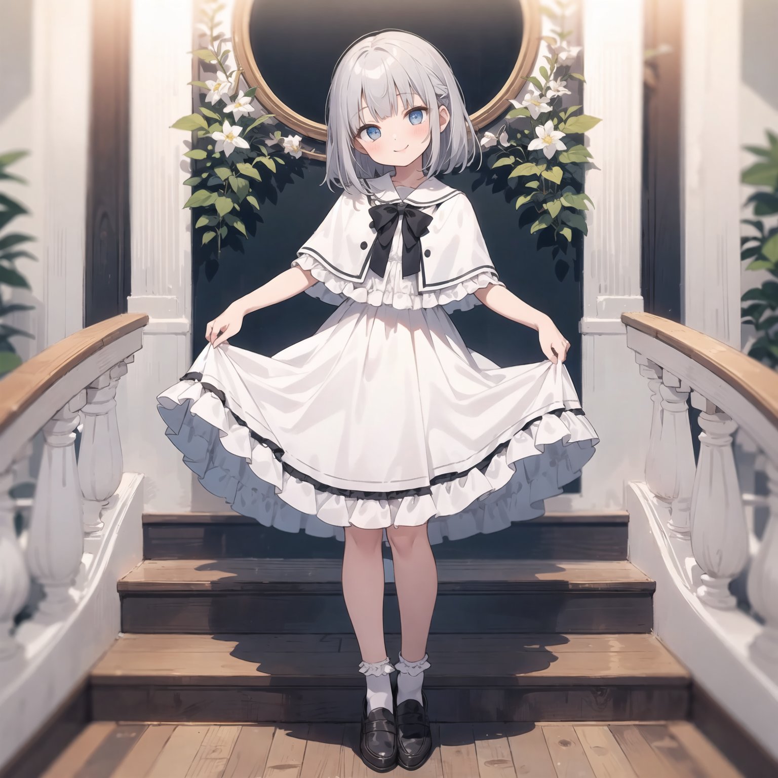 (1girl solo:1.2), full body,frills white dress, white capelet, curtsey (skirt hold:1.1),(silver:1.1) medium hair, white socks, head tilt, smile, looking at viewer, black loafers,