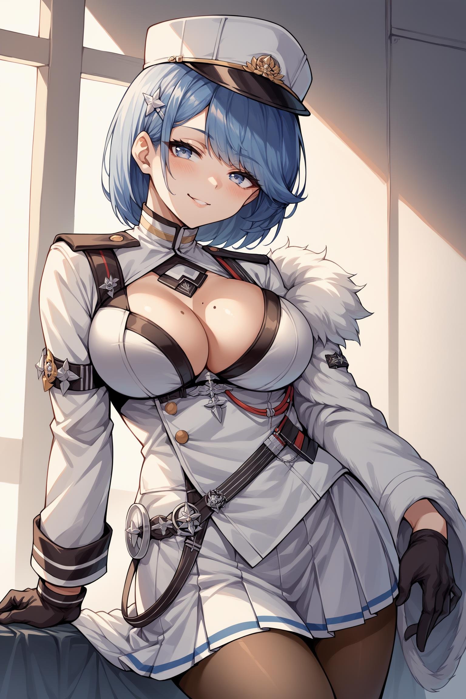 score_9, score_8_up, score_7_up, , rating_general,1girl ,cpysd, short hair, military hat, hairclip, mole on breast, fur-trimmed jacket, cleavage cutout, armband, military uniform, aiguillette, black gloves, belt, pleated skirt, pantyhose, source_anime, naughty face,  cowboy shot,   <lora:ChapayevPDCAMEq2v1.4 AL:1>