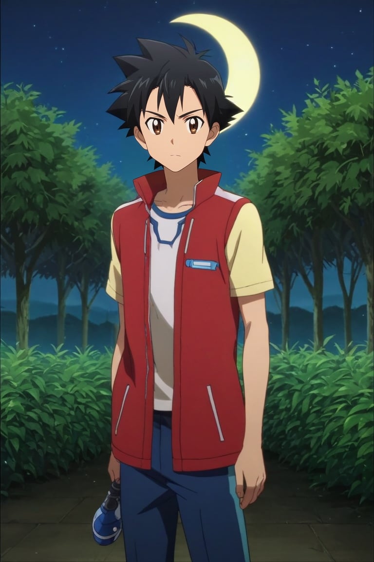 score_9, score_8_up, score_7_up, source_anime, rating_safe, anime screencap, intricate details, looking at viewer, , 1boy, ash ketchum, pokemon, black hair, brown eyes, solo, asymmetrical, hill, greenery, night, crescent moon, holding weapon, :D, <lora:sao_style_pony:0.78>, sao_style, , <lora:sdxl_lightning_8step_lora:1>