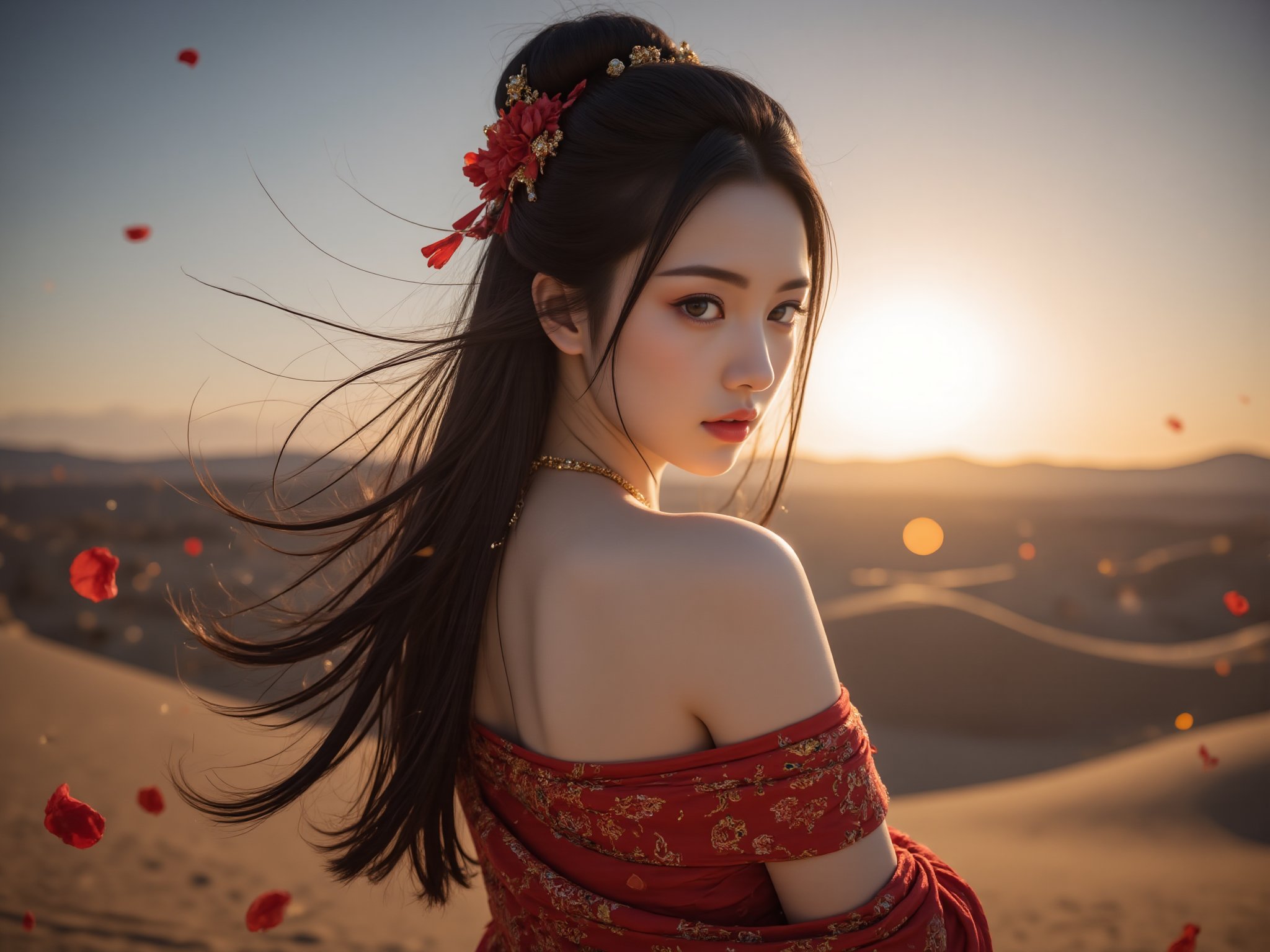 (wide shot, wide-angle lens,Panoramic:1.2),super vista,super wide Angle,Low Angle shooting,super wide lens,panorama,Sunset,aperture,Dynamic Angle,Dynamic posture,(from below:1.4),1girl,breasts,black hair,hair ornament,ribbon,bare shoulders,tassel,shawl,jewelry,collarbone,solo focus,hair flower,hair bun,sash,petals,makeup,depth of field,facial mark,chinese clothes,lipstick,forehead mark,hair stick,facing viewer,beads,(leggy,slim:1.3),(full body:1.5),(forehead mark:1.5),(animal print:1.3),seductive_smile,chinese clothes,(Desert, sunrise, horizon:1.4),dusk,(silhouette:1.3),Wind,long hair,floating hair,Dunhuang mural background, <lora:极品超模V8_2.0:0.8>