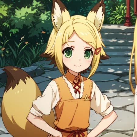 score_9, score_8_up, score_7_up, score_6_up, score_5_up, score_4_up, source_anime, , Lili, blonde hair, green eyes, short hair, fox ears, fox tail, fox girl, , soft smile, standing, hands on hips