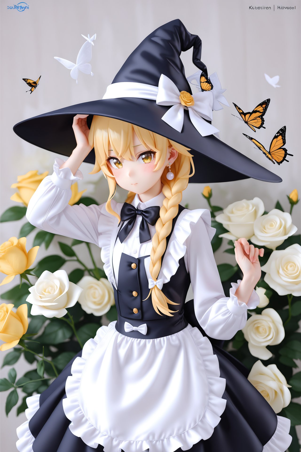 masterpiece,loli,1girl,hat,kirisame marisa,blonde hair,solo,yellow eyes,bug,witch hat,butterfly,long hair,braid,bow,flower,apron,black headwear,single braid,long sleeves,earrings,hair ornament,jewelry,white bow,hair flower,shirt,white shirt,closed mouth,hair between eyes,black bow,waist apron,white apron,hat bow,black skirt,white flower,blush,bowtie,skirt,black bowtie,looking at viewer,hair bow,rose,black vest,vest,frills,signature,buttons,hand on headwear,upper body,frilled apron,white rose,arms up,cowboy shot,yellow butterfly,arm up,hands up,artist name,side braid,ribbon