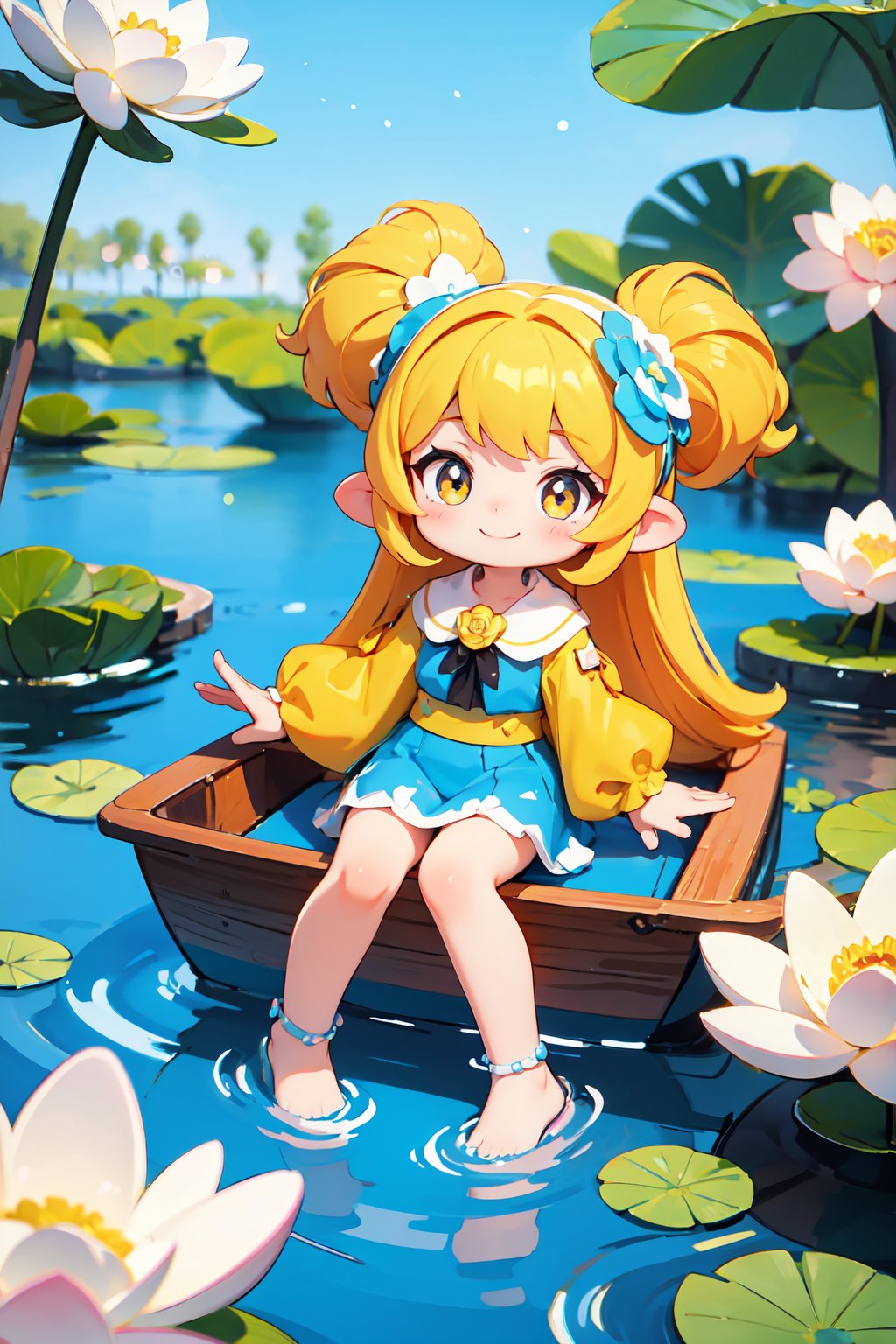 Little girl,smiling,sitting on a boat,pond,lotus,bubbles,bright summer colors,sparks,blooming,cartoon style,depth of field,saturated color scheme,intricate details,animated lights,ray tracing,super high quality,Ultra HD 8K,blank flat illustration on top of frame,flat illustration,