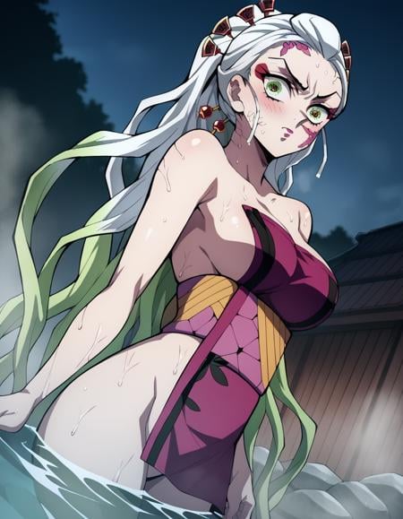 score_9, score_8_up, score_7_up, source_anime,knydaki, <lora:kny-daki-s2-ponyxl-lora-nochekaiser:1>,daki, long hair, very long hair, facial mark, green eyes,nude, naked, outdoors, onsen, towel, naked towel, steam, bathing, nude cover, partially submerged, water, bath, steam censor, wet towel, blush,solo, dutch angle, looking at viewer, cowboy shot,