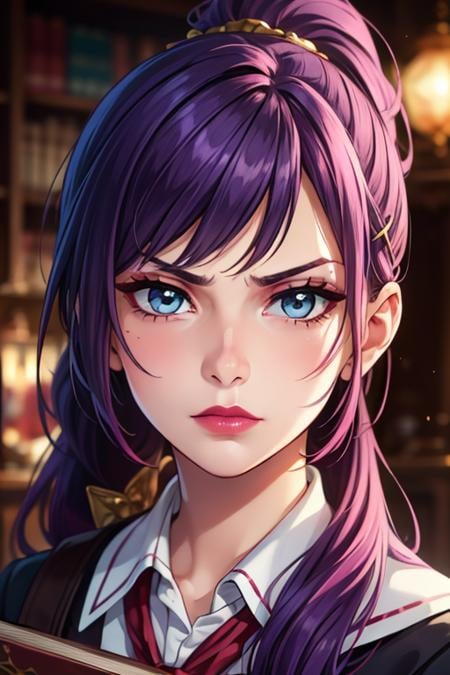 beautiful detailed portrait, cute 19 year old schoolgirl, long lush purple hair, ponytail, blue hairpin, book in hand, frowning, beautiful detailed face, dark expressive eyes, pink lipstick, glamorous, best quality, extemely detailed