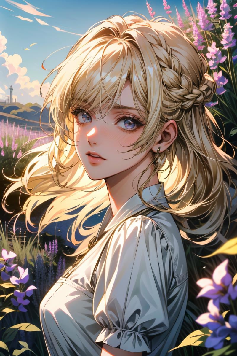 ((ultra detailed, masterpiece, absurdres)) <lora:FFLuna:0.8>FFLuna, 1girl, blonde hair, looking at viewer, lavender field, midday, bright and vibrant with a sea of purple blooms