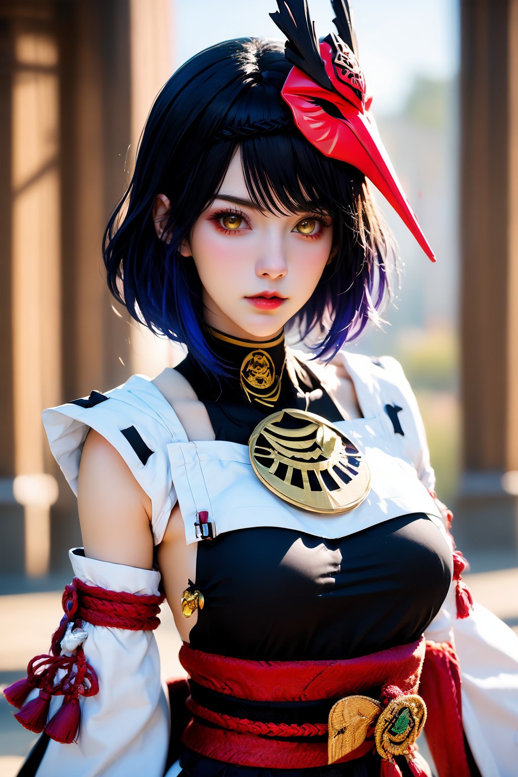 1girl, kujou sara, solo, short hair, mask on head, mask, breasts, detached sleeves, bird mask, yellow eyes, black hair, japanese clothes, vision \(genshin impact\), lips, blurry, tassel, looking at viewer, blurry background, large breasts, red lips, upper body, sash, closed mouth,