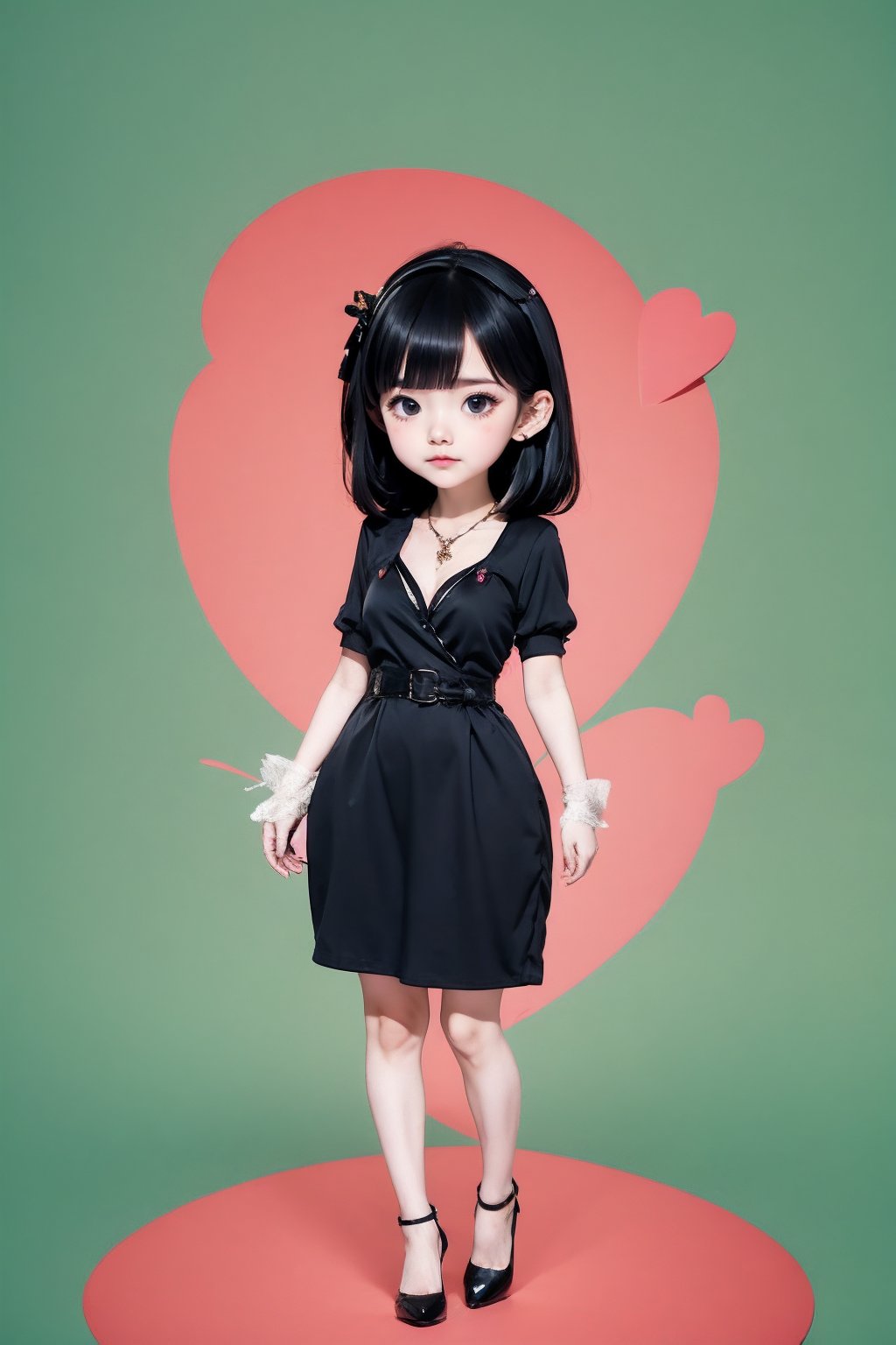 <lora:AgainChibiLora_v1:1>,1girl, 1boy, solo, mole under eye, jewelry, mole, heart, black hair, necklace, dress, black eyes, black dress, black footwear, full body, breasts,