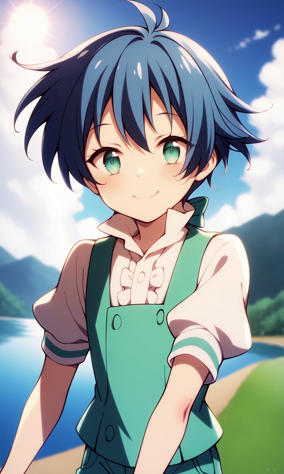 score_9, score_8_up, BREAKsolo, 1boy, lloyd, aqua eyes, blue hair, short hair, green vest, white shirt, puffy short sleeves, green short shorts, looking at viewer, smile, =), upper body, outdoors, lake, sun, clouds, sky, <lora:LloydDeSaloum_Pony:1>