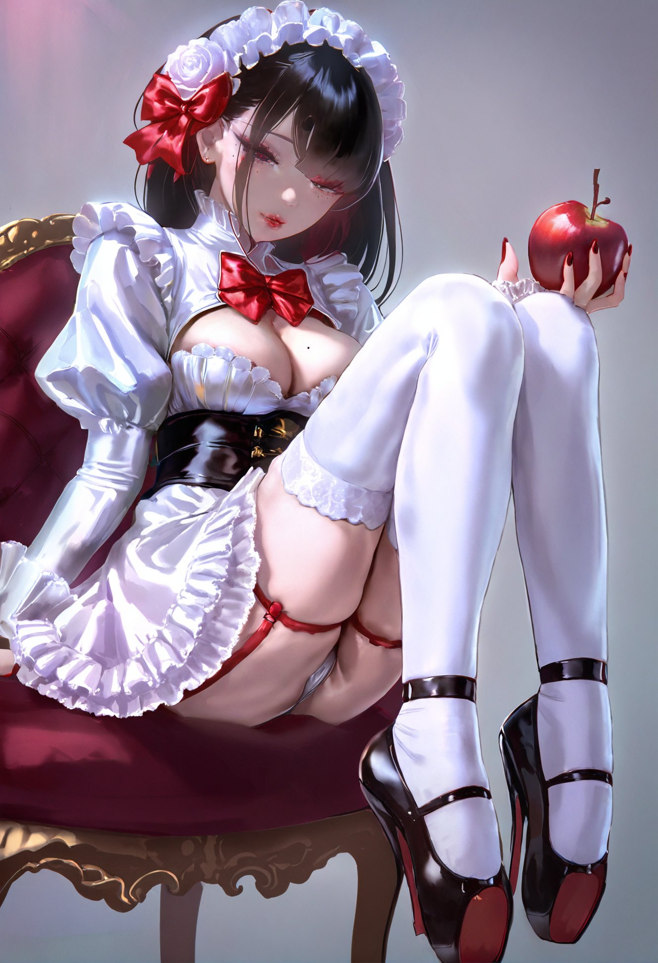 masterpiece, best quality,1girl,   fruit, solo, food, breasts, thighhighs, apple, hair over one eye, cleavage, white thighhighs, dress, flower, high heels, hair bow, garter straps, white flower, long hair, sitting, red bow, white background, white dress, looking at viewer, puffy sleeves, long sleeves, large breasts, full body, frills, black footwear, fingernails, juliet sleeves, black hair, bangs, parted lips, simple background, nail polish, wide sleeves, cleavage cutout, zettai ryouiki, mole under eye, clothing cutout, black sash, sash, very long hair, skindentation, invisible chair, short dress, mole, sharp fingernails, red nails, bow, frilled sleeves <lora:1111111XLlokr8f-000187:0.95>