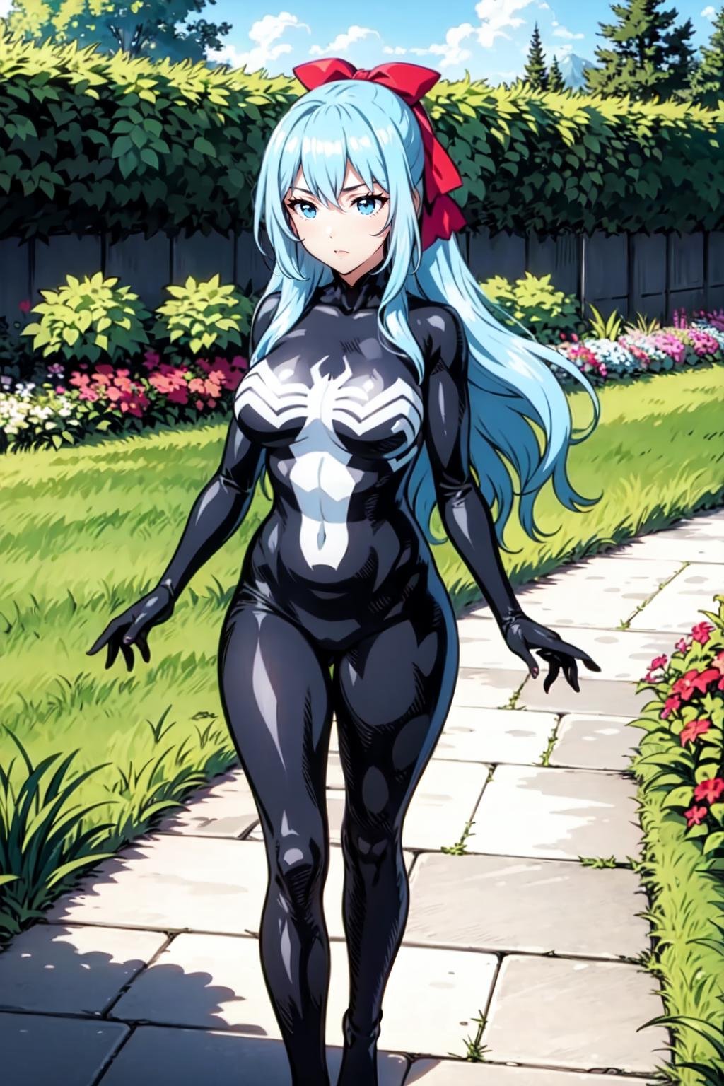 standing BREAK sgliselotte, long hair, blue hair, blue eyes, sidelocks BREAK red bow, hair bow,  she venom, black bodysuit BREAK garden field <lora:liselotte-sd15-6-000007:0.8> <lora:She Venom LoCon:0.8>