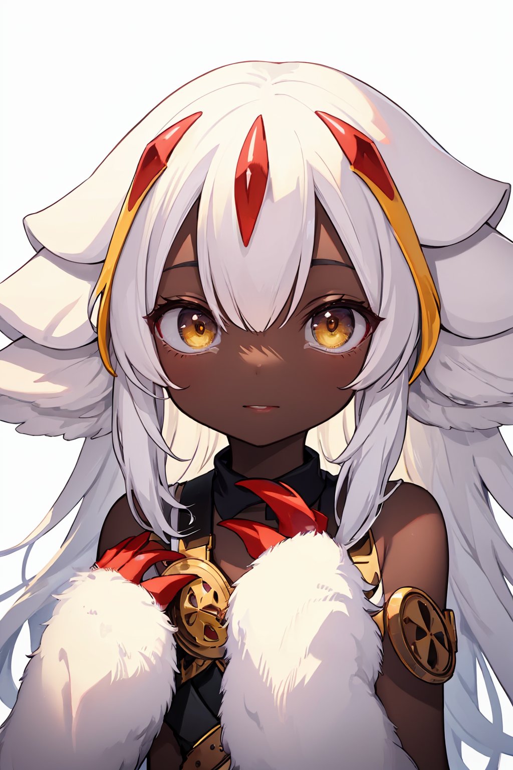 masterpiece,best quality, highly detailed, portrait,close-up,upper body,faputa,1girl,solo,dark-skinned female,extra arms,claws,monster girl,white fur<lora:faputa:1>,simple background,white background,