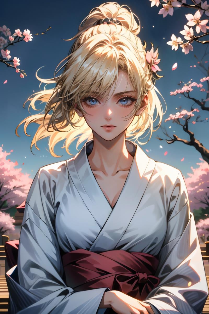 ((ultra detailed, masterpiece, absurdres)) <lora:FFLuna:0.8>FFLuna, 1girl, blonde hair, looking at viewer, yukata, japan, cherry blossoms, hair ornament