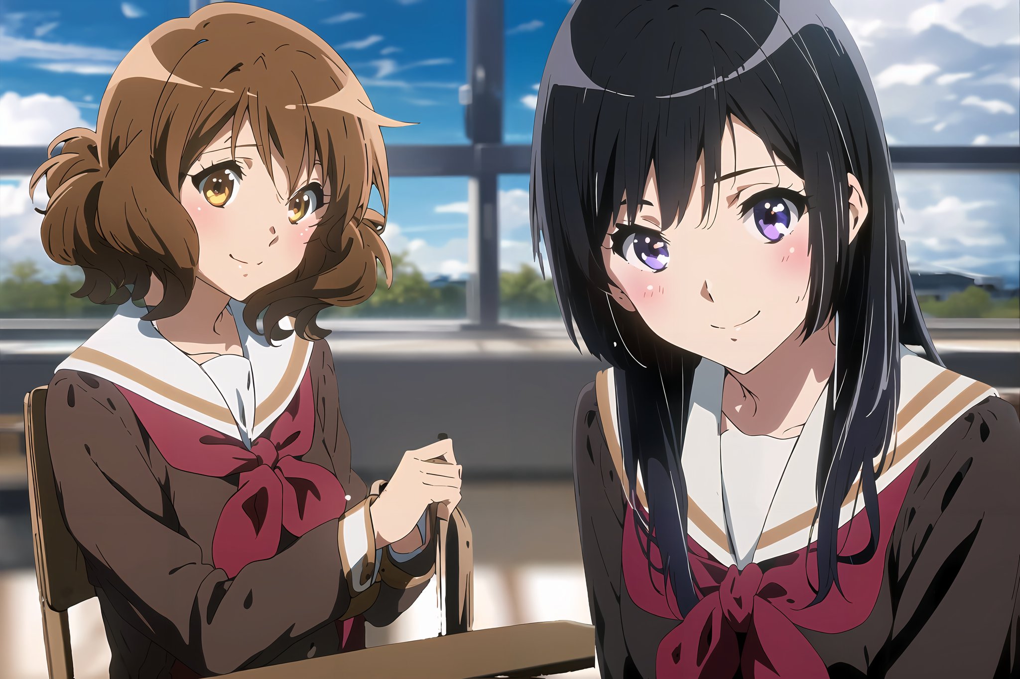 high quality, best quality, masterpiece, absurdres, 2girls,  <lora:euphonium:0.85>, blush, smile, looking_at_viewer, sitting, classroom, window, blue_sky, clouds