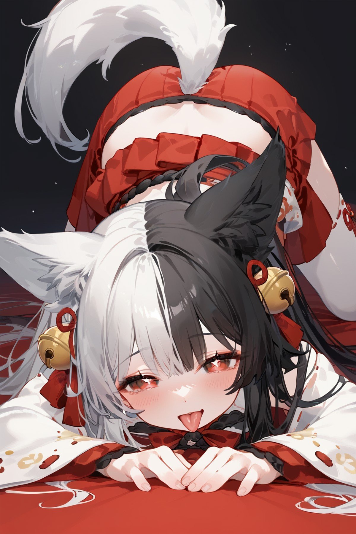 (score_9,score_8_up,score_7_up,),mana,<lora:mana-000025:0.9>,animal ears,red eyes,long hair,black hair,white hair,two-tone hair,thighhighs,red skirt,kimono,hair ornament,symbol-shaped pupils,all fours,top-down bottom-up,face_focus,tongue out,naughty_face,from_below,