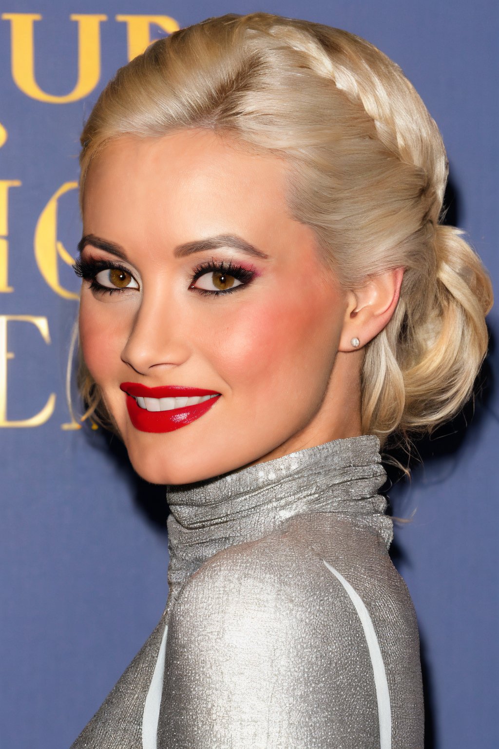 <lora:Holly_Madison_Lora:0.85>, photo of h0llymdsn, from side, perfect hair upsweep updo, smile, (modern photo), high neck dress, (plain Periwinkle background:1.2), 85mm, film grain, detailed eyes, red lipstick, looking back at viewer, (cinematic shot:1.3), epiCRealism, epiCPhoto, PA7_Portrait-HL_v2