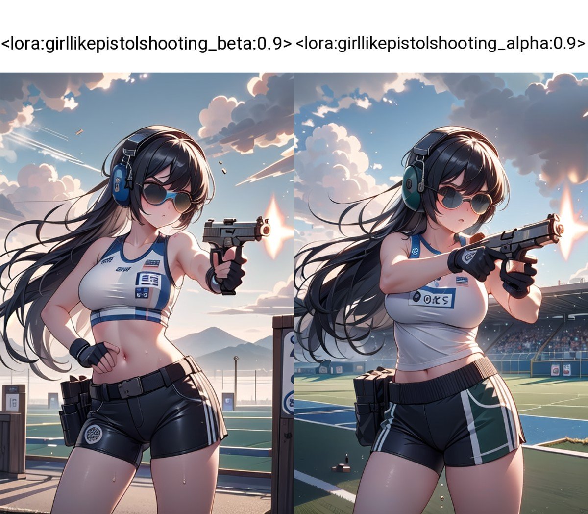 ((pistol shooting)), ((firing range)), (holding air handgun), muzzle flash, aiming at viewer and target, player uniform, sleeveless, sports shorts, ear defenders, fingerless gloves, olympic games venue, wind, steam, sweat, shadow, 1girl, big tits, facing viewer standing, (((tinted eyewear))), <lora:girllikepistolshooting_beta:0.9>