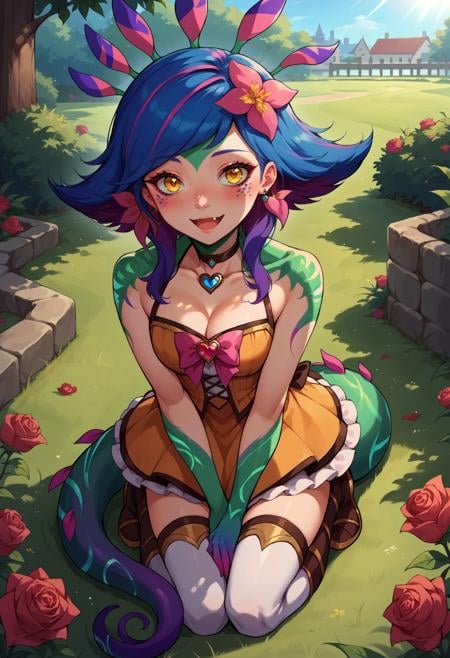 core_9, score_8_up,score_7_up, source_anime, 1girl, solo, <lora:EPllNeeko_epoch_8:1>, EPllNeeko, medium hair, multicolored hair, pink hair, purple hair, blue hair, yellow eyes, tail, hair flower, bangs, fang, open mouth, blush, monster girl, magical girl, choker, frills, bare shoulders, bow, ribbon, hair ribbon, jewelry, earrings, hair ornament, outdoors, garden, sunlight, day, bush, wariza, hand between legs, from above, heart brooch, thighhighs, grass, flower, rose, trowel, cleavage, smile, blush