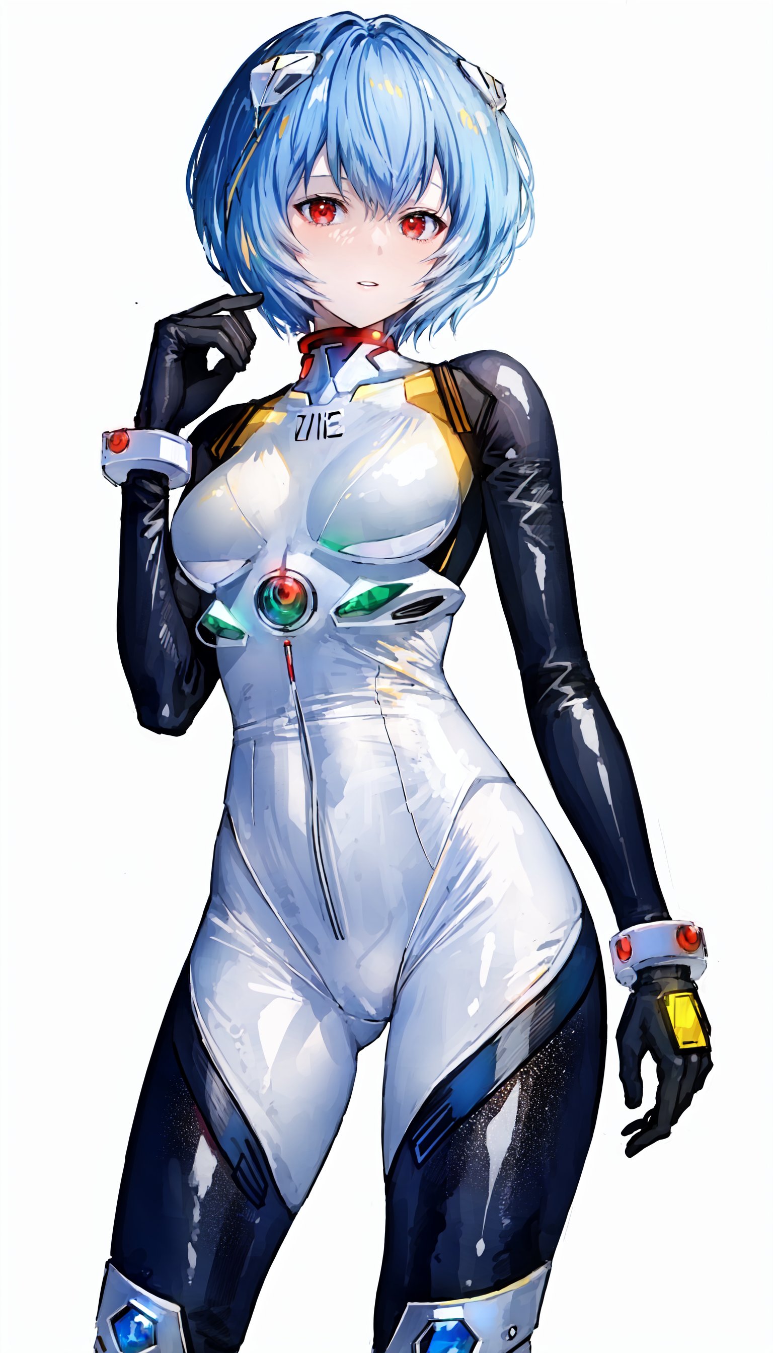 1girl, solo, ayanami rei, plugsuit, short hair, blue hair, red eyes, white bodysuit, bodysuit, white background, breasts, looking at viewer, simple background, interface headset