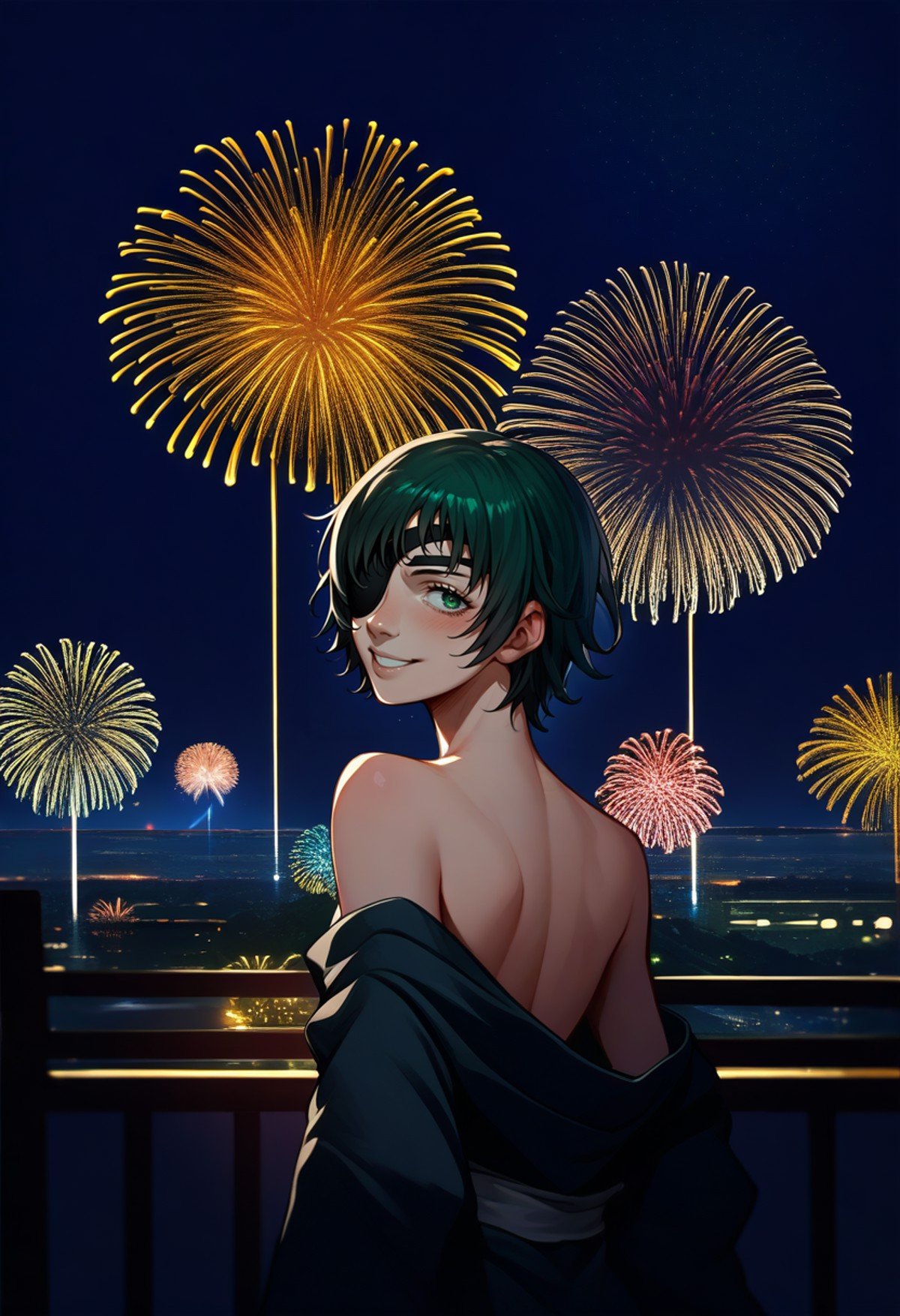 score_9, score_8_up, score_7_up, source_anime, from behind, solo, 1girl, csmhimeno, smile, looking back, green eyes, eyepatch, black kimono, off shoulder, bare shoulders, fireworks <lora:csm_himeno_ponyXL:1>