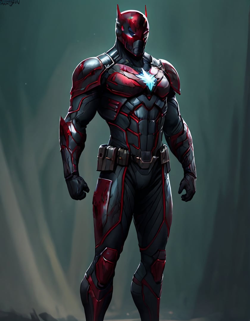 superhero suit, 1 man,  armor, armor, blood, glowing, glowing eyes, helmet,  green eyes, shoulder armor, standing  <lora:Superhero_suit-000007:.7>, 