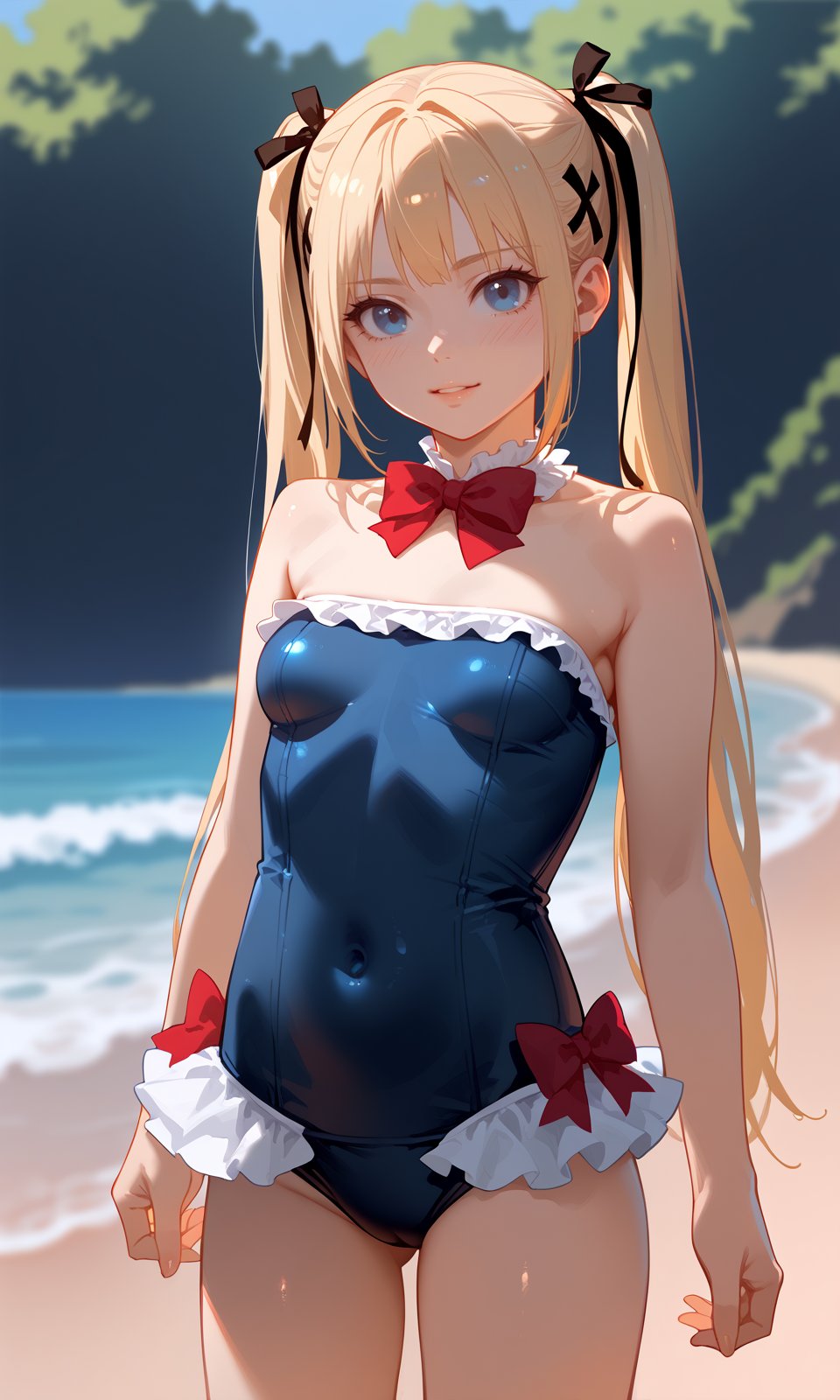 score_9, score_8_up, score_7_up, score_6_up, BREAK1girl, marierose, 1girl, bare shoulders, black ribbon, blonde hair, blue eyes, blush, bow, bowtie, breasts, covered navel, cowboy shot, blue swimsuit, frilled swimsuit, frills, hair ribbon, long hair, looking at viewer, medium breasts, red bow, ribbon, solo, twintails,outdoors, beach, <lora:MarieRose_Pony:1> 