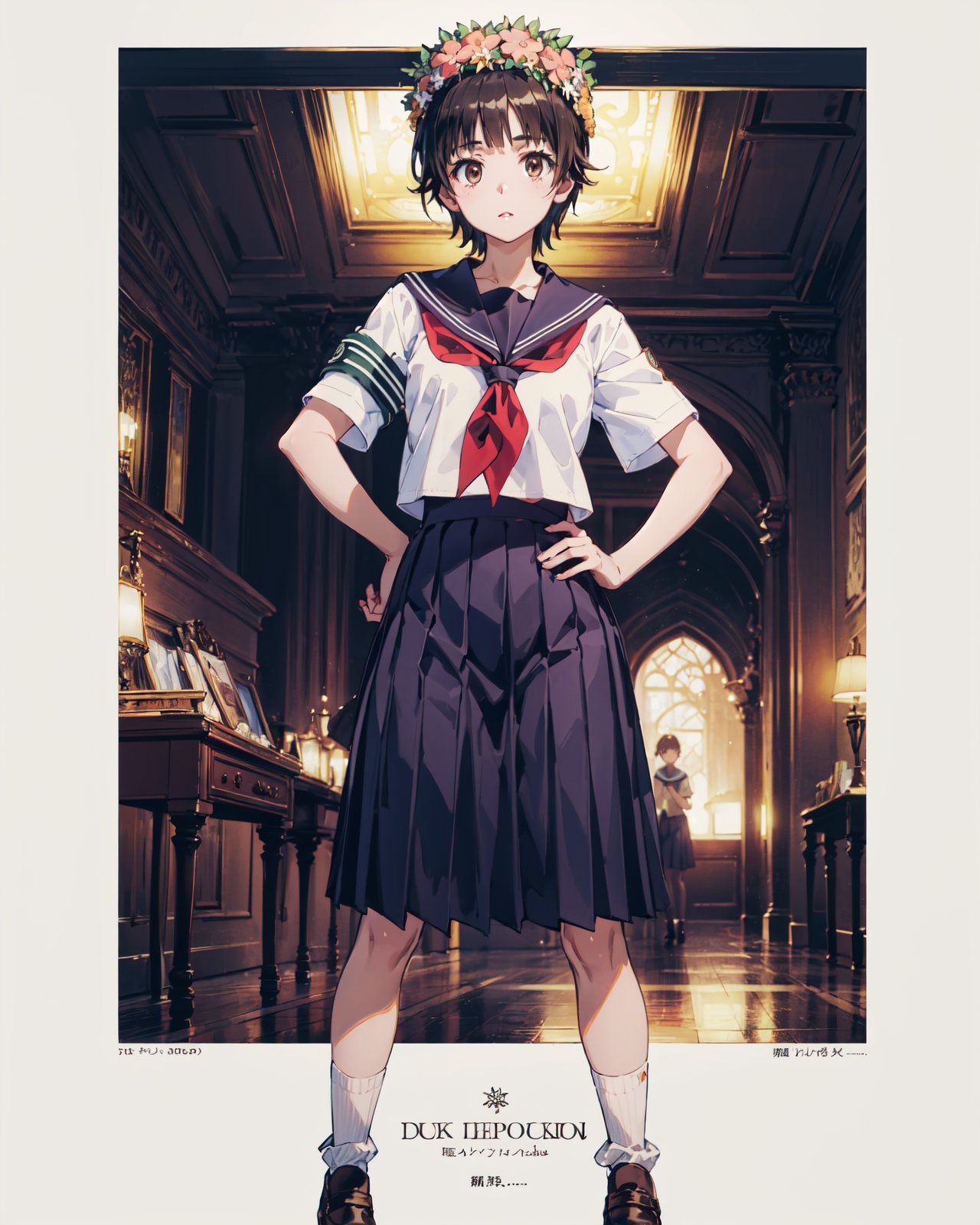 <lora:Uiharu-000007:0.8>,Uiharu CYQL,1girl,looking at viewer,solo,short hair,black hair,brown eyes,head wreath,flower,hair flower,(school uniform,summer uniform,short sleeves,serafuku,sailor collar,neckerchief,skirt,pleated skirt,armband,socks,white socks,black footwear),(teasing_smile:1.2),beautiful face,beautiful eyes,glossy skin,shiny skin,(upper_body,from_below,wariza:1.2),hand on hip,Theater, Opera, Twilight, Costumes, Cultural heritage,Magnolias,beautiful detailed sky,beautiful detailed glow,(English text:1.3),(border:1.5),posing in front of a colorful and dynamic background,(masterpiece, best quality, beautiful and aesthetic:1.3),contrapposto,female focus,fine fabric emphasis,wallpaper,fashion,Lipstick,depth of field,intricate_detail,finely_detailed,fine_fabric_emphasis,(glossy),<lora:增强减少细节add_detail:0.4>,