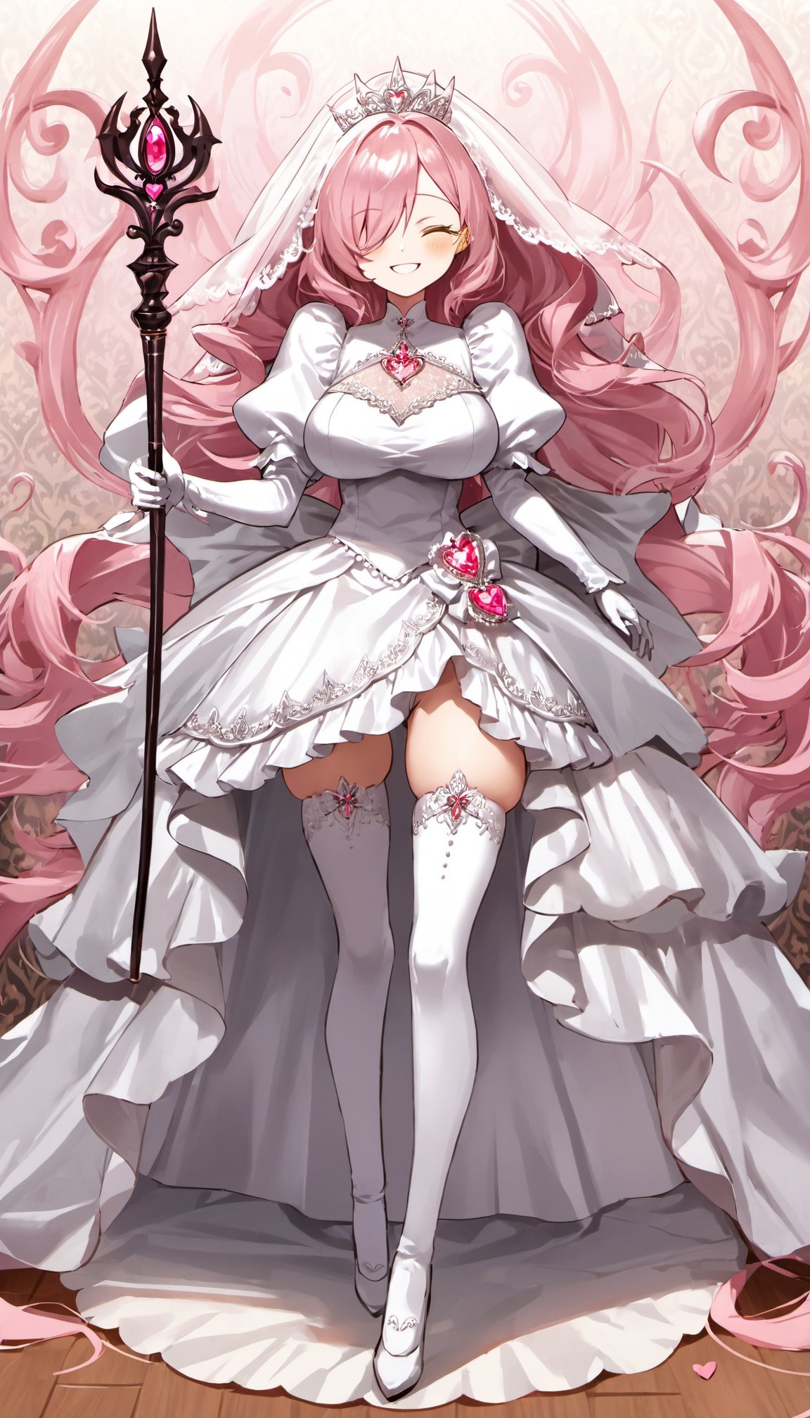 ultra-detailed, masterpiece, best quality, wallpaper, 8k, pixiv,evil smile, standing, magic, holding a magic stick,(solo, 1milf, over 30 ages), princess, bride(breast, thigh: 1.1),pink hair, shiny hair, hair over one eye,(tsurime, yellow eye, heart-shaped pupils),(princess wedding dress, long skirt, over skirt, puff Sleeves, tiala, long white glove, bridal vail), white shiny thigh high thights, (white shiny satin),(white background:1.1), <lora:Wedding_Dress_v1:1>