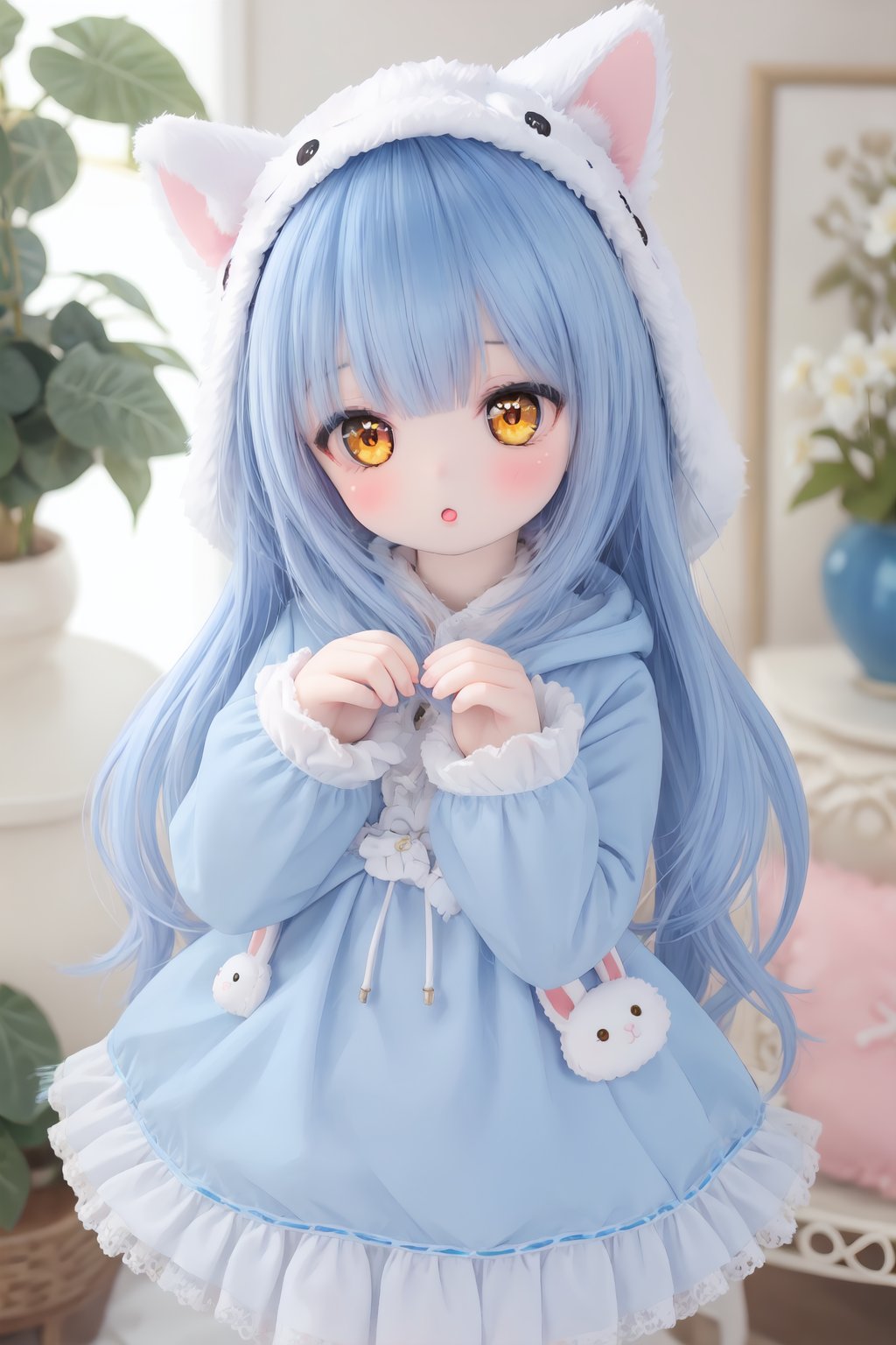 1girl, solo, long_hair, bangs, long_sleeves, animal_ears, blue_hair, standing, yellow_eyes, hood, wide_sleeves, :o, parted_bangs, hands_up, stuffed_toy, forehead, hood_up, animal_hood, character_doll, against_glass, rabbit_hood,<lora:doll-v1:0.5>,