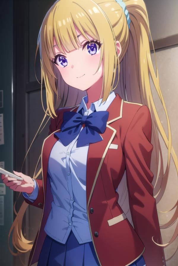 keikaruizawa, <lora:kei karuizawa s2-lora-nochekaiser:1>, kei karuizawa, long hair, bangs, blunt bangs, (purple eyes:1.1), blonde hair, shirt, hair ornament, ponytail, scrunchie, blue scrunchie, smile,BREAK skirt, shirt, bow, school uniform, jacket, (red jacket:1.2), pleated skirt, bowtie, sweater, (blue bow:1.2), (blue shirt:1.2),BREAK indoors, classroom,BREAK looking at viewer, (cowboy shot:1.5),BREAK <lyco:GoodHands-beta2:1>, (masterpiece:1.2), best quality, high resolution, unity 8k wallpaper, (illustration:0.8), (beautiful detailed eyes:1.6), extremely detailed face, perfect lighting, extremely detailed CG, (perfect hands, perfect anatomy),