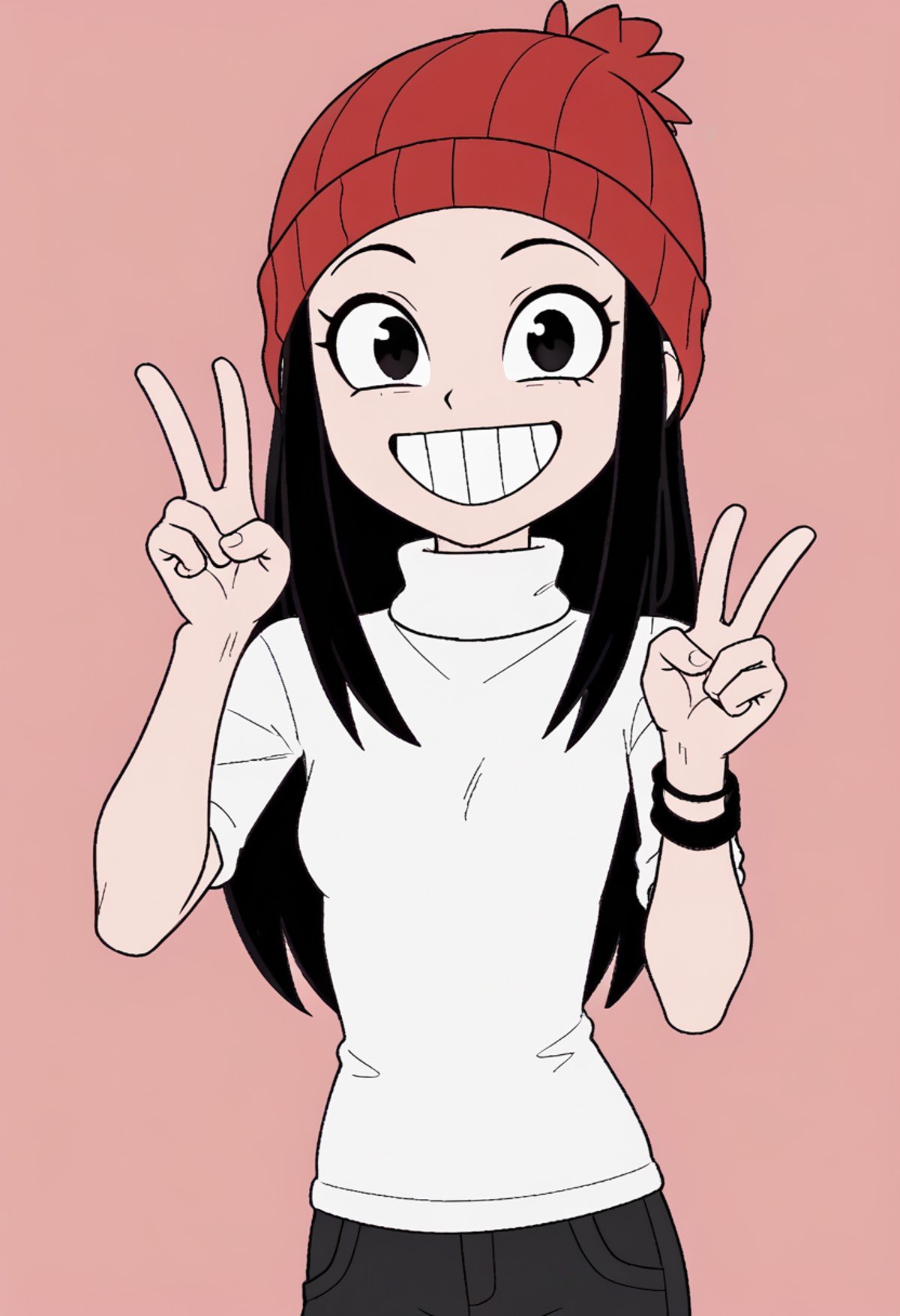 <lora:FlatColor:1.2> flat color, 1girl, wearing a red beanie, skinny, small breasts, wearing a white turtleneck, v sign, smile, 