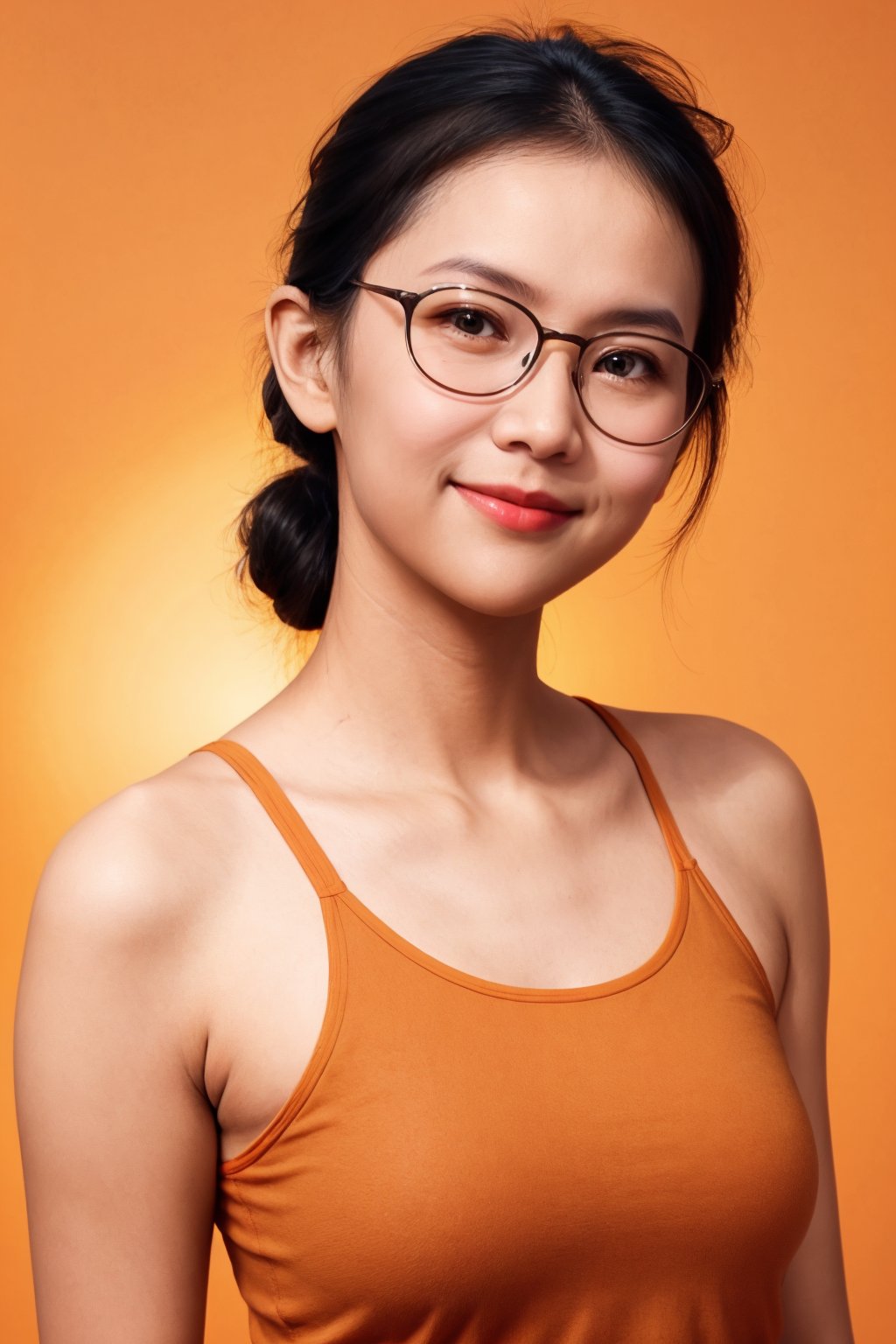 cute woman, chignon, glasses, upper body, light smile, cute makeup, (orange camisole), orange background, (oily skin:1.2)<lora:EMS-397553-EMS:0.800000>