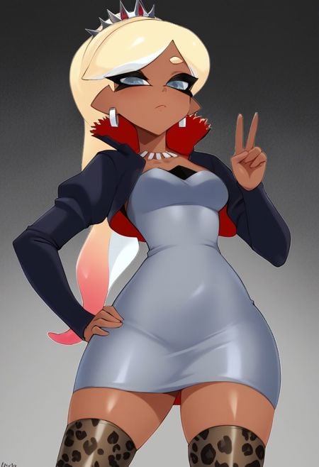 score_9, smooth lighting, 1girl, solo, dark skin, weissvale, tentacle hair, blonde hair, scar across eye, ponytail, hair ornament, tiara, black jacket, cropped jacket, red trim, high collar, long sleeves, short dress , grey dress, earrings, necklace, collarbone, medium breast, wide hips, tigh gap, leopard print thighhighs, peace sing, one hand on hip, from below