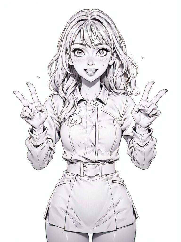 monochrome, 1girl, cheerful,victory pose,   <lora:Lineart_style_v1.0:-0.5>