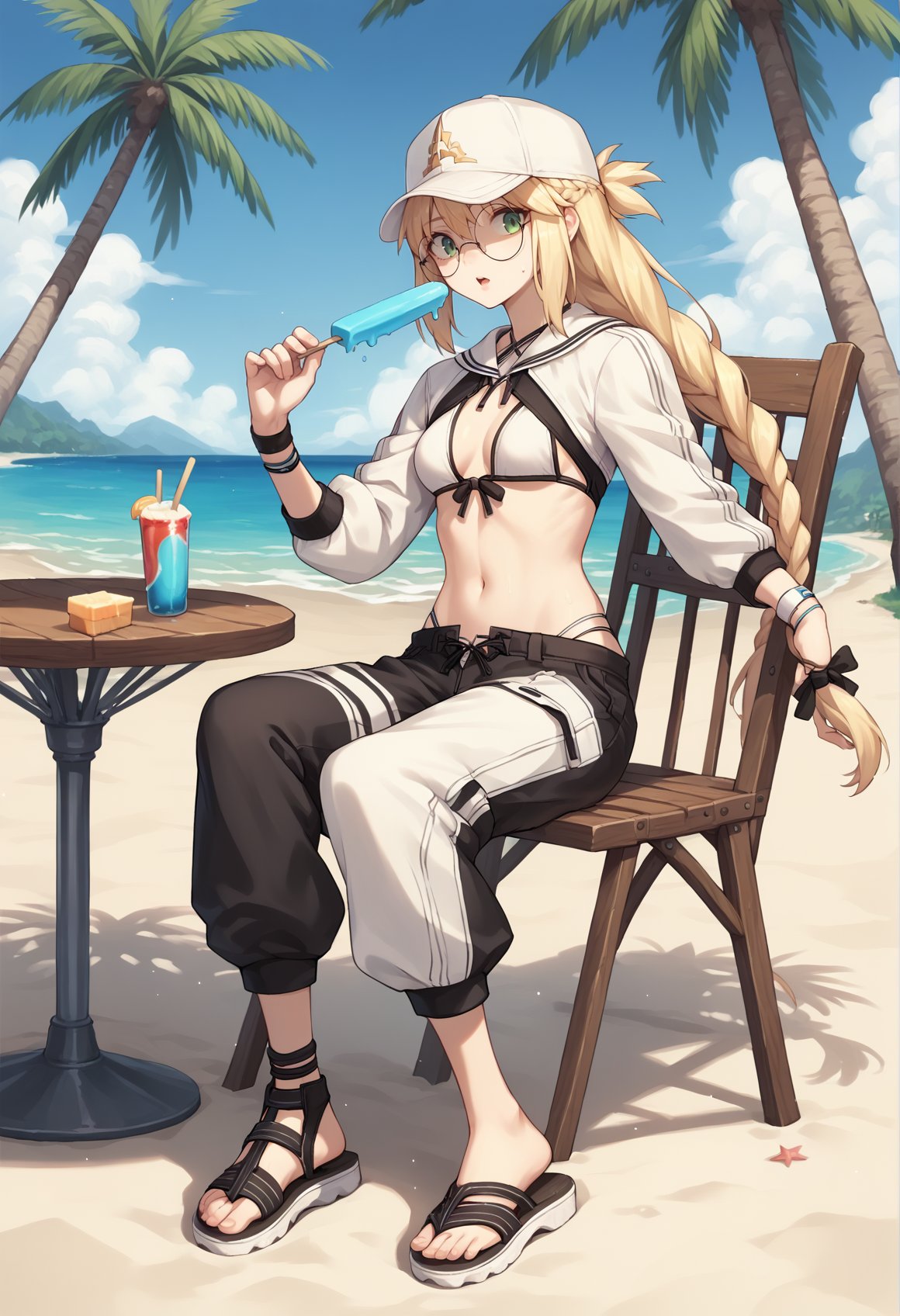 1girl, blonde hair, long hair, green eyes, braid, glasses, round eyewear, swimsuit, white bikini, baseball cap, cropped jacket, shrug \(clothing\), long sleeves, wristband, asymmetrical clothes, black pants, single pantsleg, navel, sandals, solo sitting, outdoors, full body, beach, table, palm tree, chair, popsicle, looking at viewer, sexually suggestive, open mouth <lora:Castoria:0.8>, score_9, score_8_up, score_7_up, score_6_up, score_5_up, score_4_up, BREAK source_anime, masterpiece