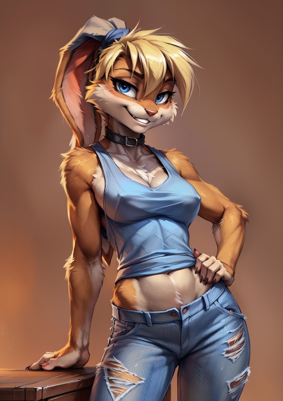 (masterpiece, best quality, absurdres, uploaded on e621:1.5), (sexy female anthro ((lola_bunny:1.1 goddess:1.3)), (furry, furry female:1.3), (detailed eyes), (detailed face), (naughty grin:1.3), (narrowed eyes:1.3), looking at viewer, (simple background, gradient background:1.7), (SFW, tank_top, jeans, fluffy fur:1.6), collar, blue_eyes, fit, abs, muscles, (bunny_ears:1.1), (ears_down:1.3), bunny_tail, (blonde_hair:1.1),(by dagasi, by smitty g),by tom fischbach, by fluff-kevlar, by Eternity-Zinogre, by Tarakanovich, by Muhut, by wolfy-nail, (by kenket), by ross tran, by michael & inessa garmash, by pino daeni, by isvoc, by kiguri, by alena aenami, by ruan jia, (by zenthetiger, by wolfy-nail), by Enki Bilal, by drmax, by cutesexyrobutts, by hioshiru(masterpiece, 8k, 4k, best quality, hi res, absurd res:1.3),(detailed Chunie lighting), rim lighting, sharp focus, waist, hips, thighs, (full body:1.3)