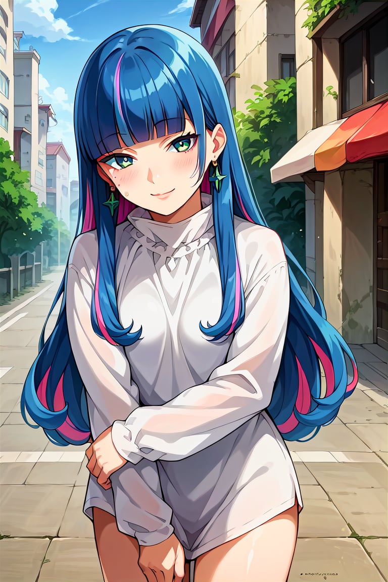 score_9, score_8_up, score_7_up, score_6_up, score_5_up, score_4_up, rating_questionable, , source_anime, digital illustration, pixiv, fanbox, uncensored, , BREAK, official art,1girl, solo, female, eida, blue hair, blunt bangs, colored colored inner hair, long hair, earrings, long sidelocks,white shirt, long sleeves, jewelry, outdoors, light smile, blush, cowboy shot, looking at viewer, colorful, vivid   <lora:Eida_Pony-10:0.8>