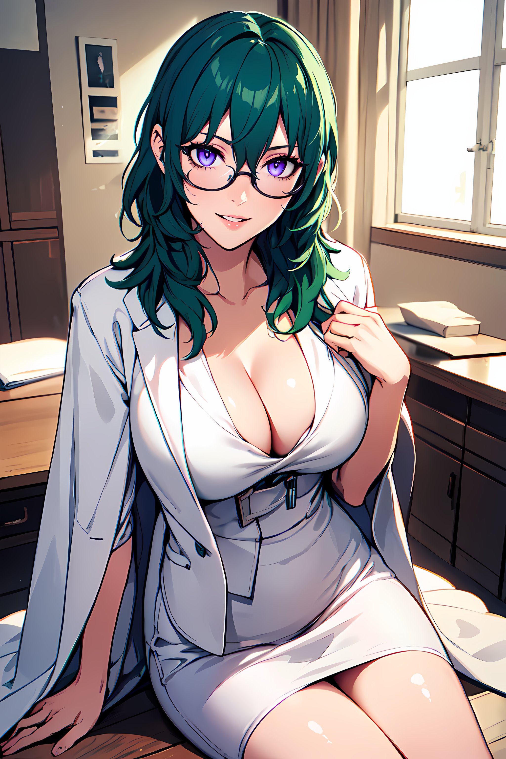 masterpiece,best quality, unreal engine, ultra res, extremely detailed,1girl, large breasts,  waist , (muscular:0.4) ,slender,<lora:Character_ort_byleth_fe3h_v0.8:0.7>byleth,deep green hair, amethyst eyesglasses,doctor, white robe,  white shirt,pencil skirt,  sitting , Examination roomwatching at viewer, smile, parted lips, sexy pose,<lora:Style_hews_style:0.4>hews style <lora:Style_cutesexyrobutts_v2:0.>CSR STYLE<lora:Style_puuzaki-puuna-lora-v1:0.><lora:Style_anmnr01AOM3A1:0.2><lora:Concept_Round_Breasts_V7:0.2>ROUND BREASTS, medium  BREASTS