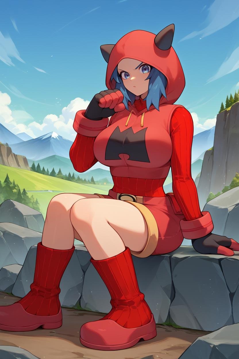 score_9, score_8_up, score_7_up, score_6_up, source_anime BREAK 1girl, <lora:pkmntmg-pdxl-nvwls-v1-000005:1> pkmntmg, hood, blue hair, fake horns, red hoodie, turtleneck, ribbed sweater, red shorts, gloves, (big breasts:0.8), mountains, blue sky, sitting, red boots, rocks, looking at you