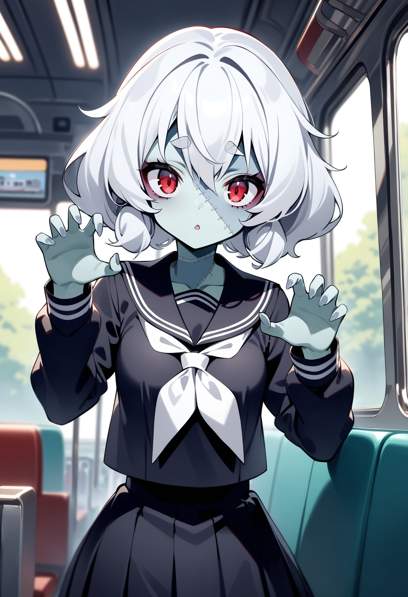 masterpiece, best quality, very aesthetic, absurdres,1girl, konno junko, zombie land saga, zombie, patchwork skin, white hair, red eyes, black sailor collar, black skirt, school uniform, serafuku, white neckerchief, train, train interior, claw pose, looking at viewer, 