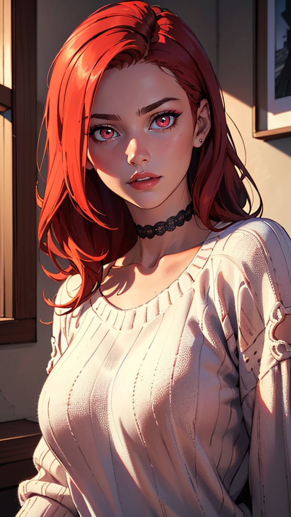 (masterpiece, best quality, highres:1.2), (detailed light:1.2), (dynamic angle) (18yo redhead girl:1.2), (perfect eyes), cateyes makeup, rouge, red neck lace choker, realistic skin texture, oversize knit jumper, red eyes, softcore, warm lighting, cosy atmosphere, Instagram style, (cinematic),