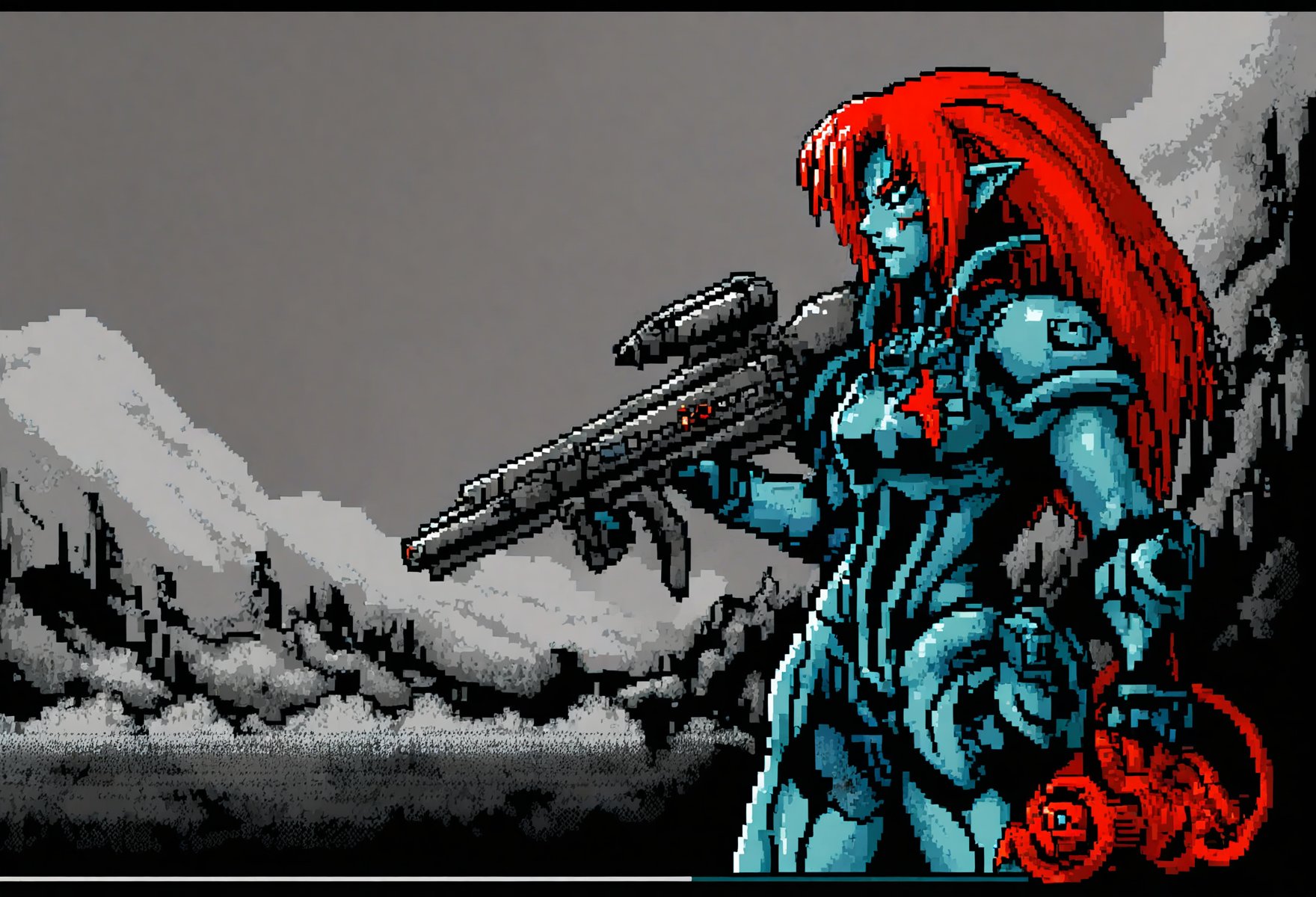 (Pixel Art), 1990s \(year\), 8-bit, (Dark Eldar Wych), bald with, long ponytail, red hair, pointy ears, Drukhari armor, splinter pistol, Xenos, action,solo,Warhammer 40K \(series\), gritty, SEGA Box cover artwork, 90s aesthetic, retro, dithering, limited color palette, 2D, retrofuturistic, nostalgic, pixelated, extremely detailed, emotional,by Calder Moore