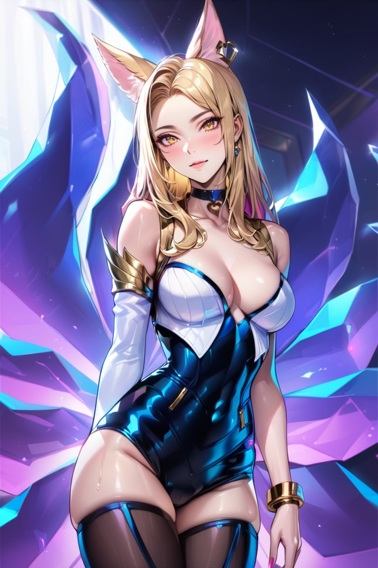 (Masterpiece), mature, HDR,UHD,8K, best quality, Highly detailed, physically-based rendering, extreme detail description, perfect skin, shiny skin, shiny hair,perfect face, 1girl, kda1, blonde hair, yellow eyes, thighighs, facial mark, animal ears, tail, choker,Ahri, K/DA Ahri, bare shoulders, arm straps,LeagueOfLegendsAhri, long hair, bracelet, jewelery, heart choker, multiple tails, idol, cleavagefox ears, earrings,black leotard, white top, high thighhighs, magenta tail, ((black thighhighs)),ahri, black stockings<lora:EMS-335737-EMS:0.600000>, <lora:EMS-388761-EMS:0.100000>, <lora:EMS-418641-EMS:0.800000>