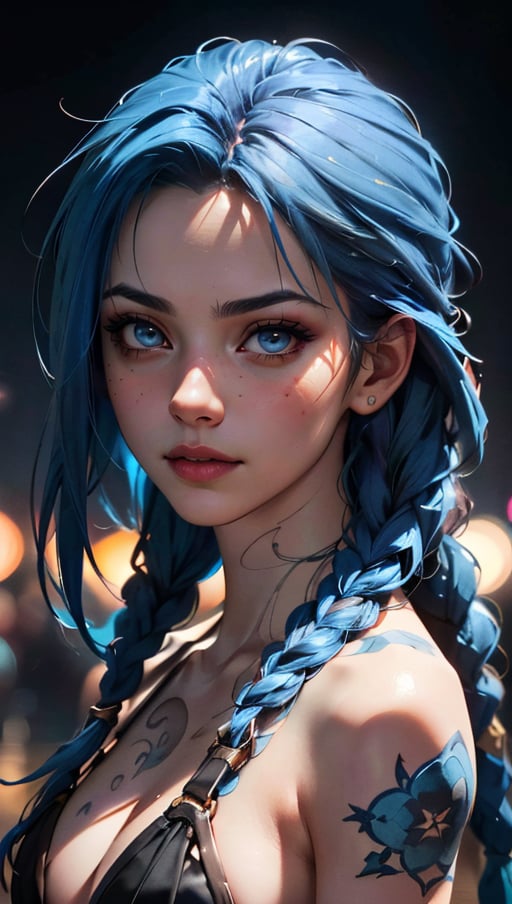 (best quality, masterpiece, colorful, dynamic angle, highest detailed)(Jinx, Legue of Legends, Arcane) upper body professional photo, award winning fashion photography of sexy, intense blue long hair, Jinx  <lora:JinxLol:1>, Legue of Legends, Arcane, flirting, bokeh, (intricate details, hyperdetailed:1.15), detailed, moonlight passing through hair, perfect night (fantasy colorful art background, extreme detailed, highest detailed, natural skin texture, hyperrealism, soft light, sharp, perfect face), HDR+