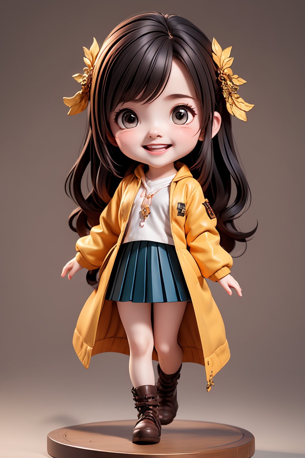 1girl, solo, chibi, footwear, skirt, long hair, boots, open mouth, skirt, hair ornament, looking at viewer, smile, jacket, full body, pleated skirt, long sleeves, shirt, open clothes, shirt, white jacket, standing, coat, blush, standing on one leg,