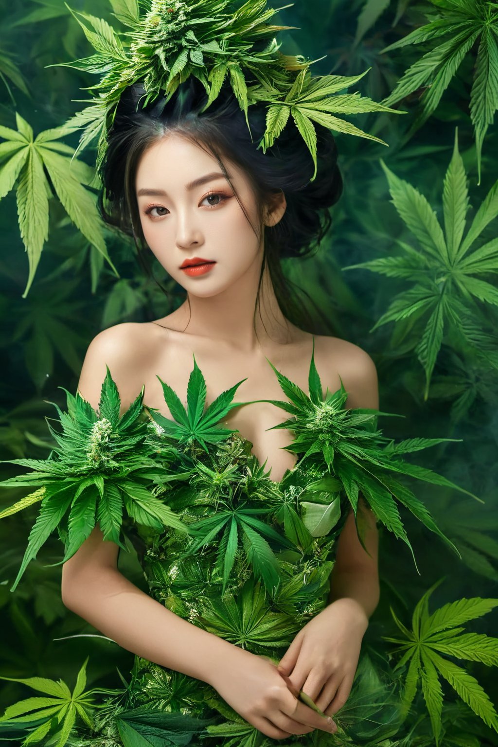 1girl wearing dress of marijuana leaves, personification of marijuana, organic seductive geisha, woman made of plants, with green cannabis leaves, princess of cannabis, covered in plants, realistic,cnbxl, details eyes<lora:EMS-329815-EMS:0.800000>