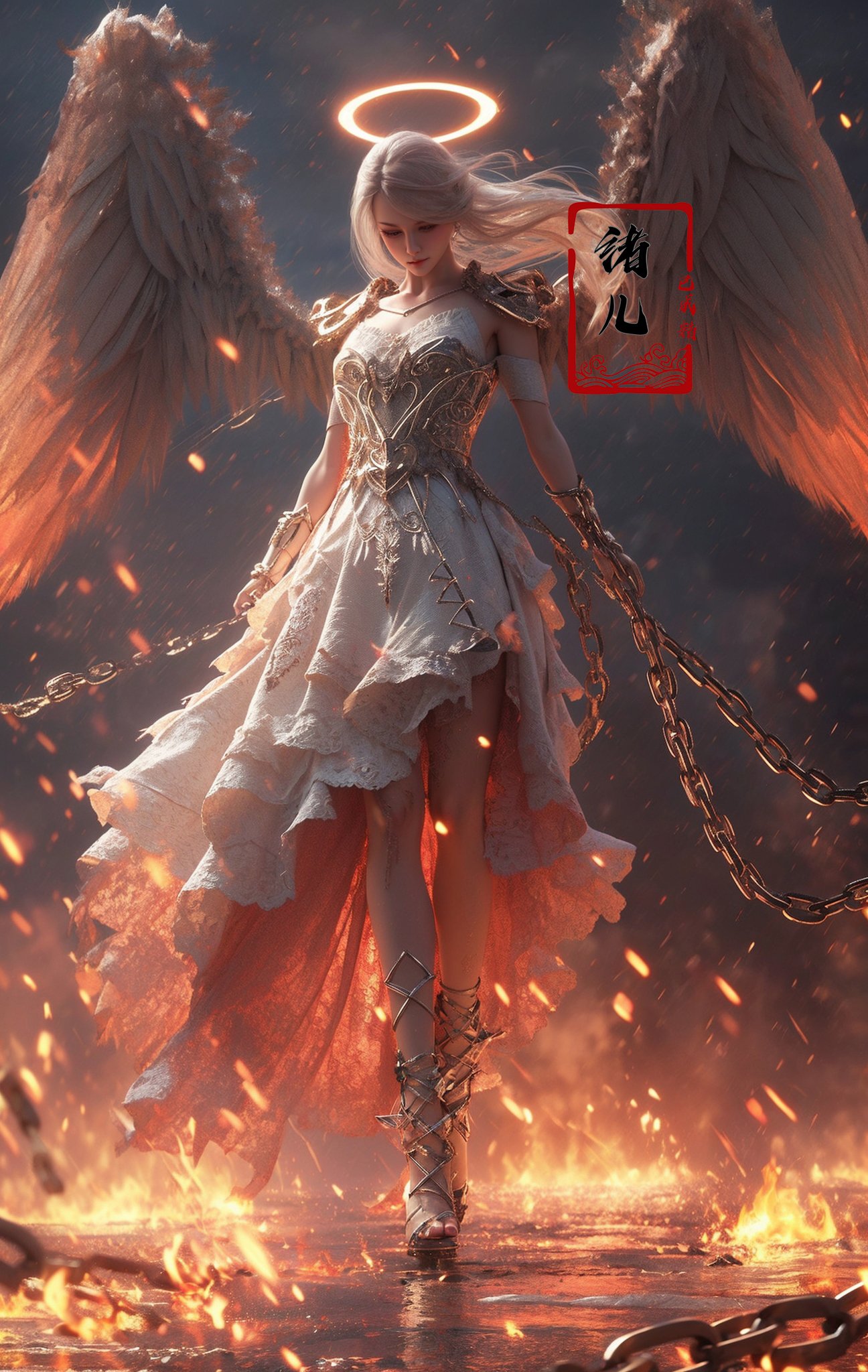 Epic CG masterpiece, a woman dressed in an angelic outfit in chains, delicate face, hdr,dtm, full ha,8K, ultra detailed graphic tension, dynamic poses, stunning colors, 3D rendering, surrealism, cinematic lighting effects, realism, 00 renderer, super realistic, full - body photos, super vista, super wide Angle, rich details, highest quality, extremely exquisite,Black background，1girl, chain, wings, solo, dress, blindfold, white dress, jewelry, veil, choker, ring, own hands together, angel wings, feathered wings, covered eyes, halo，Fire, battlefield，(full body:1.5),(long legs:1.3),<lora:绪儿-锁链天使 Angel:0.8>