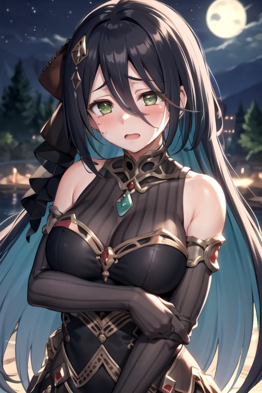 <lora:Ranpha-06:0.7> ,RANPHA, 1girl, long hair, blush, short hair, open mouth, black hair, hair ornament, gloves, long sleeves, dress, hair between eyes, bare shoulders, large  breasts, green eyes, , detached sleeves, sky, sleeveless, tears, black dress, night, blurry background, crying, gem, night sky, black sleeves