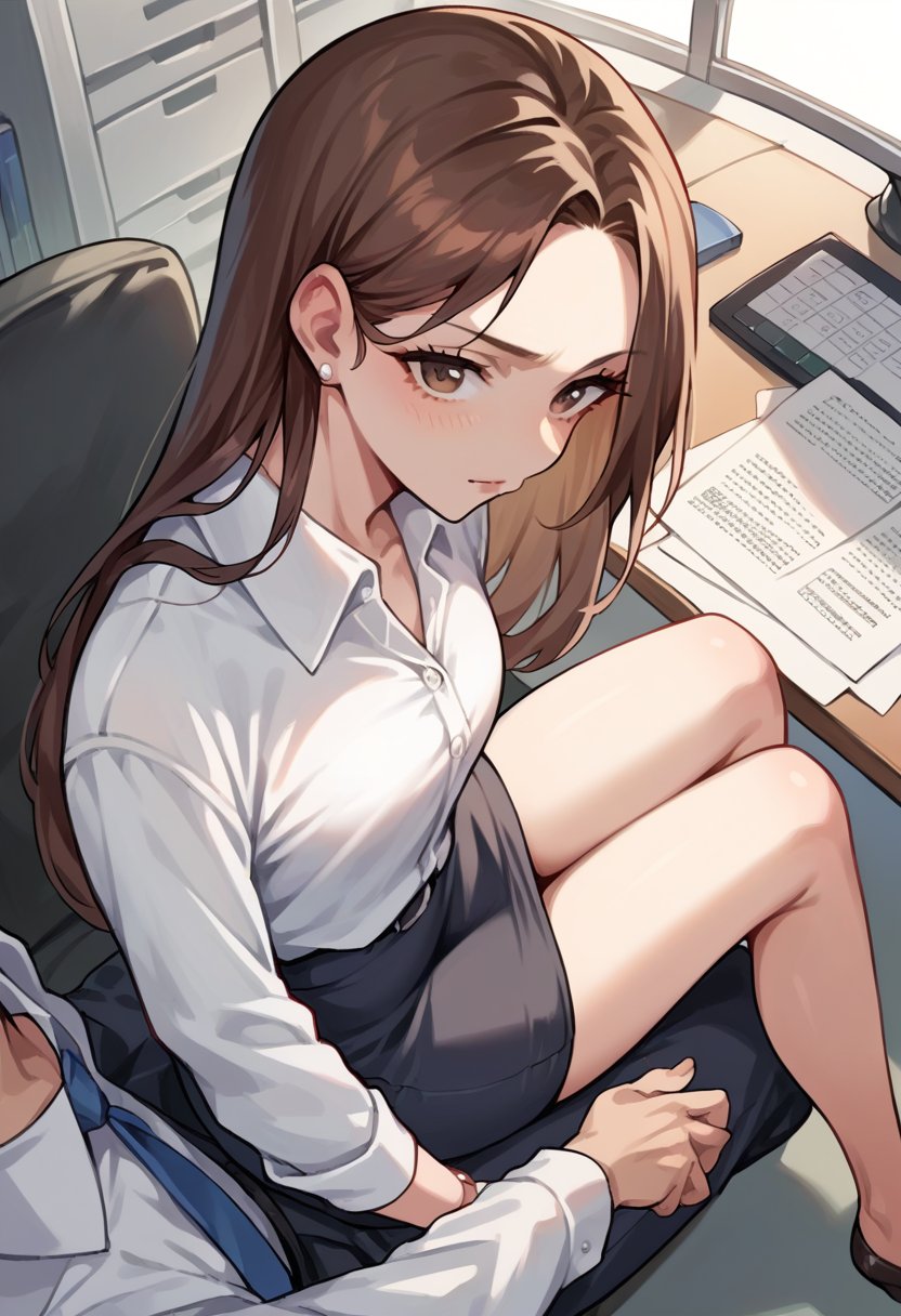 score_9, score_8_up, score_7_up, score_6_up, source_anime, 1girl, long hair, brown hair,pov, sitting on lap, office lady, legs, <lora:pov_sitting_on_lap_v0.1-pony:1>