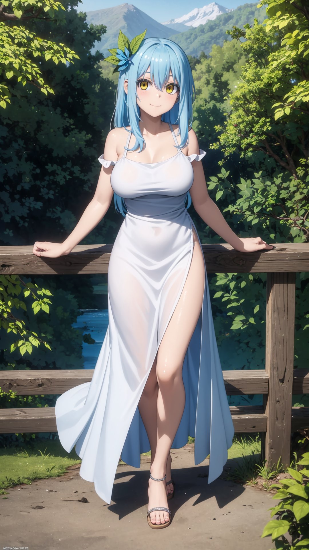 (masterpiece, best quality), ray tracing, absurdres, HDR,rimuru tempest, underground lake goddess, 1girl,yellow eyes,blue hair,large breasts , ,hair between eyes, long hair, solo, leaf hair ornament, dress, comic, , closed mouth, , smile, barefoot, off shoulder, bare arms ,looking at viewer, blush,sandals, <lora:rimuru_lake_goddess:0.7>